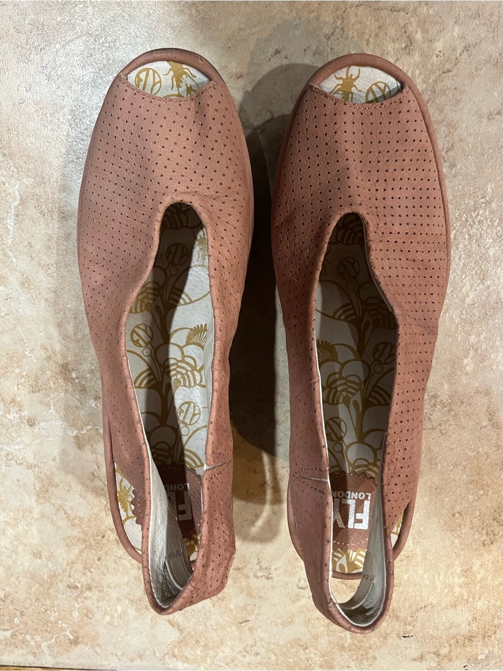 Fly London Dusty Pink Suede Perforated Slingback Peep-Toe Mules